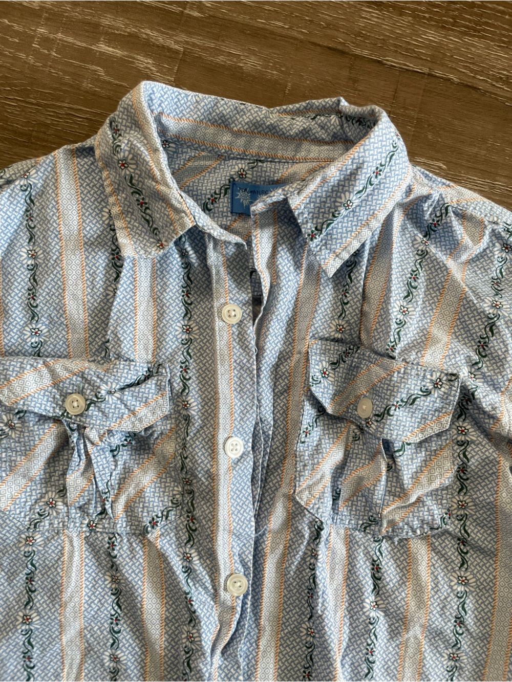 Light Blue Striped Embroidered Boys sz 10/ 140 European Button-Up Shirt